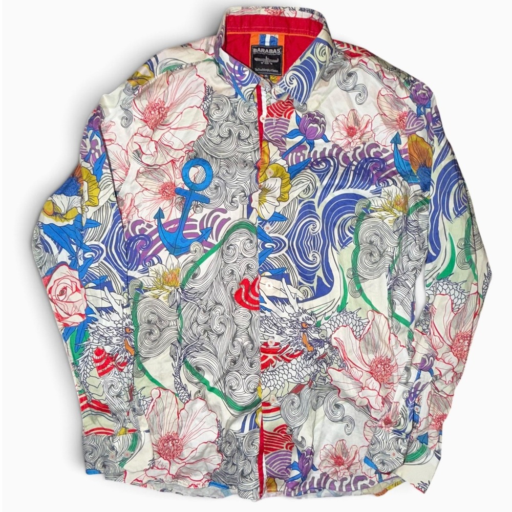 Barabas Mens XL Button Down Shirt Multicolor Nautical Dragon Floral Long Sleeve